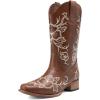 DREAM PAIRS Women’s Western Cowboy Boots Square Toe Embroidered Mid Calf Boots Western Chunky Low Heel for Country Music Festivals Theme Party and Concert(Brown)