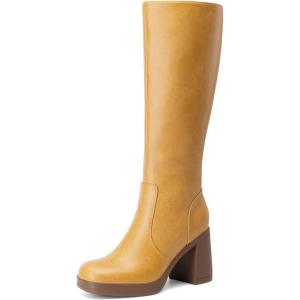 DREAM PAIRS Knee High Boots for Women Platform Square Toe Chunky Block Heeled Stylish Comfortable Tall Boots with Side Zipper(Yellow)