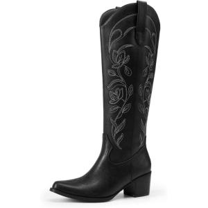 DREAM PAIRS Womens Cowboy Boots Western Comfortable Chunky Heel Square Toe Embroidered Cowgirl Knee High Boots(Black)