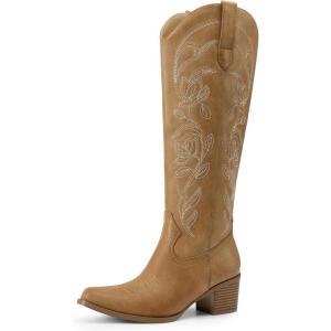 DREAM PAIRS Womens Cowboy Boots Western Comfortable Chunky Heel Square Toe Embroidered Cowgirl Knee High Boots(Tan)