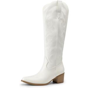 DREAM PAIRS Womens Cowboy Boots Western Comfortable Chunky Heel Square Toe Embroidered Cowgirl Knee High Boots(White)