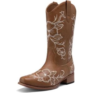 DREAM PAIRS Women’s Western Cowboy Boots Square Toe Embroidered Mid Calf Boots Western Chunky Low Heel for Country Music Festivals Theme Party and Concert(Tan)