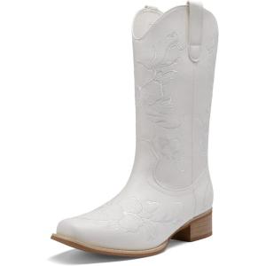 DREAM PAIRS Women’s Western Cowboy Boots Square Toe Embroidered Mid Calf Boots Western Chunky Low Heel for Country Music Festivals Theme Party and Concert(White)