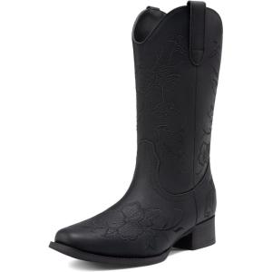 DREAM PAIRS Women’s Western Cowboy Boots Square Toe Embroidered Mid Calf Boots Western Chunky Low Heel for Country Music Festivals Theme Party and Concert(All Black)
