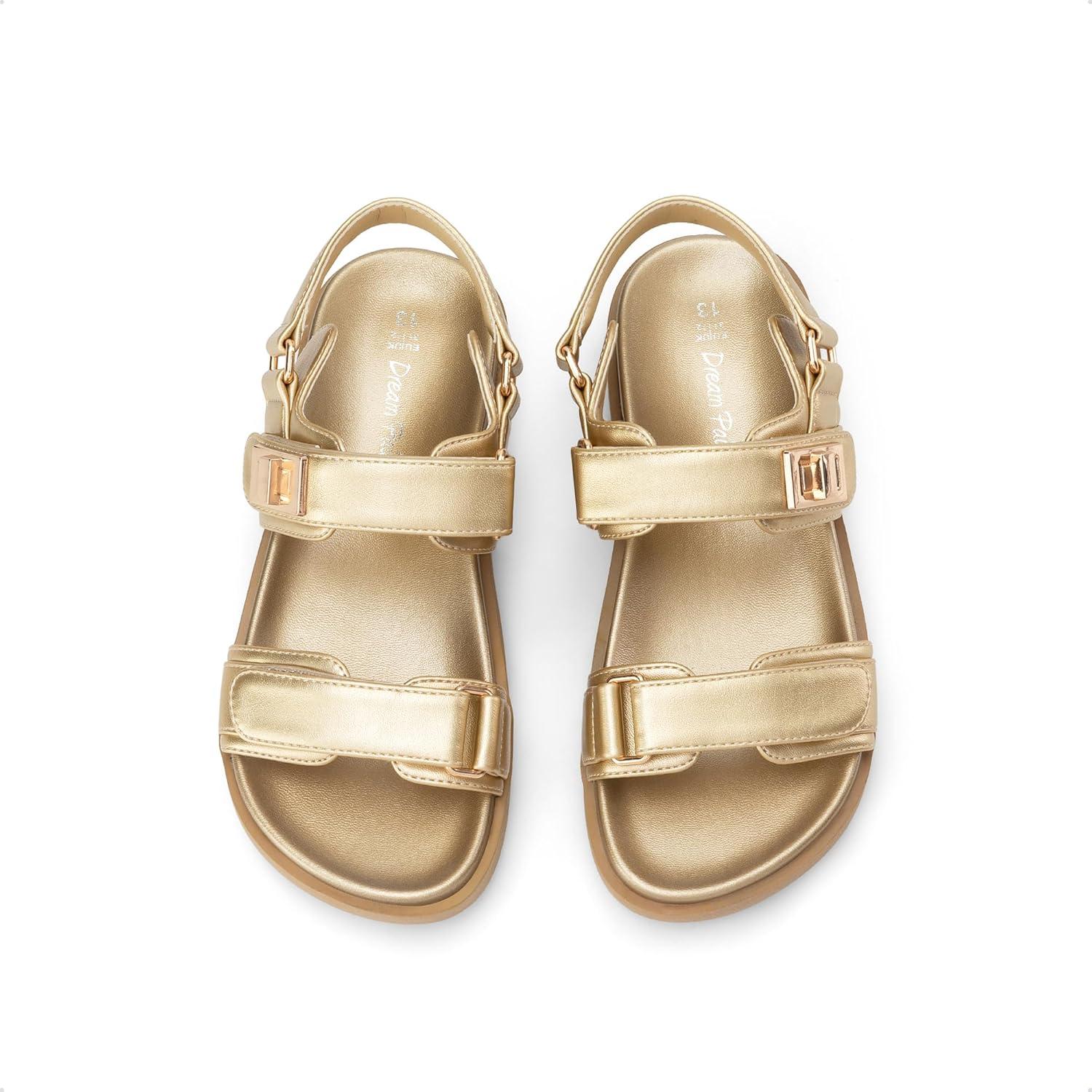 image:imageDREAM PAIRS Girls Sandals Casual Open Toe Two Adjustable Strapped Sandals with Hook and Loop for Little KidBig KidGold