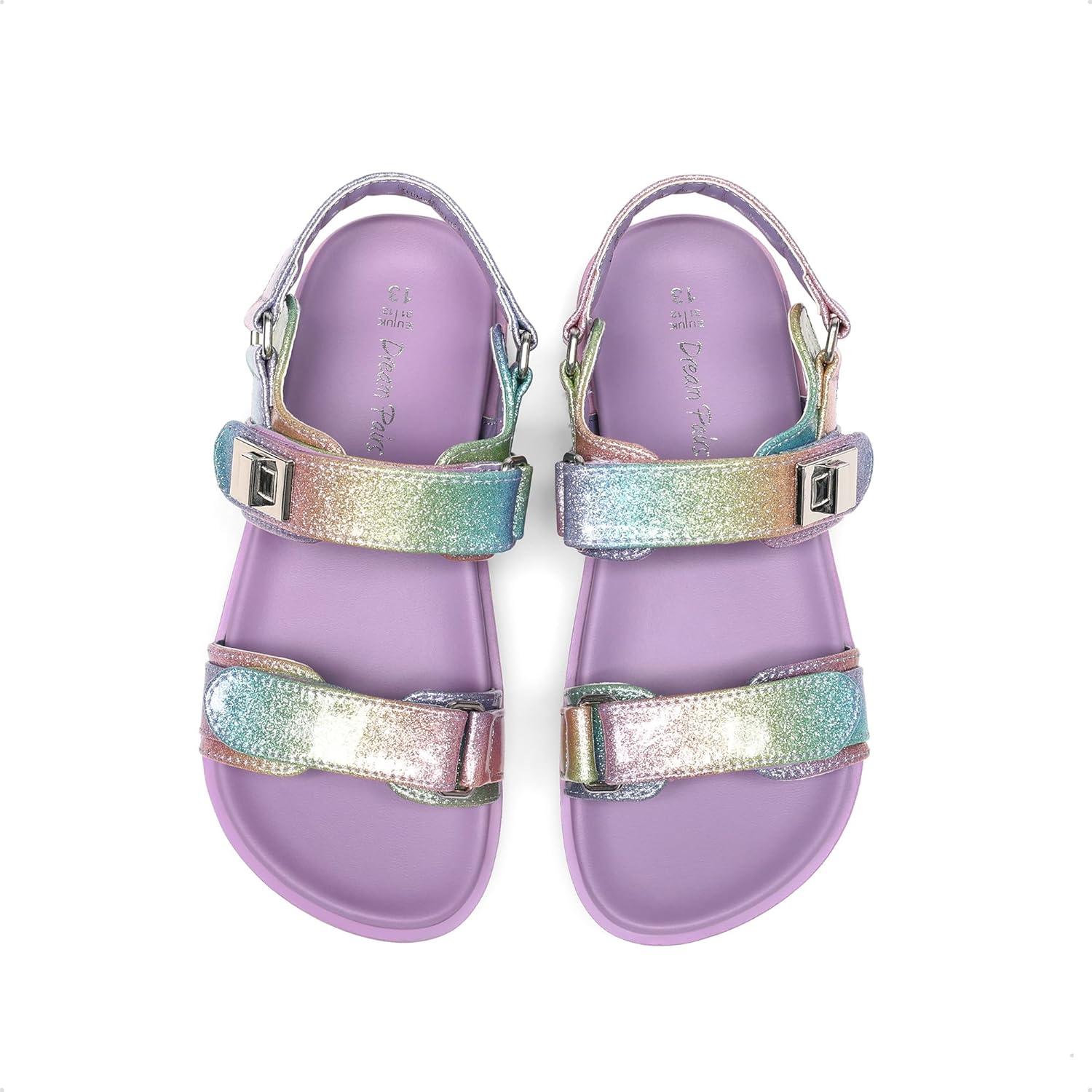 image:imageDREAM PAIRS Girls Sandals Casual Open Toe Two Adjustable Strapped Sandals with Hook and Loop for Little KidBig KidRainbow