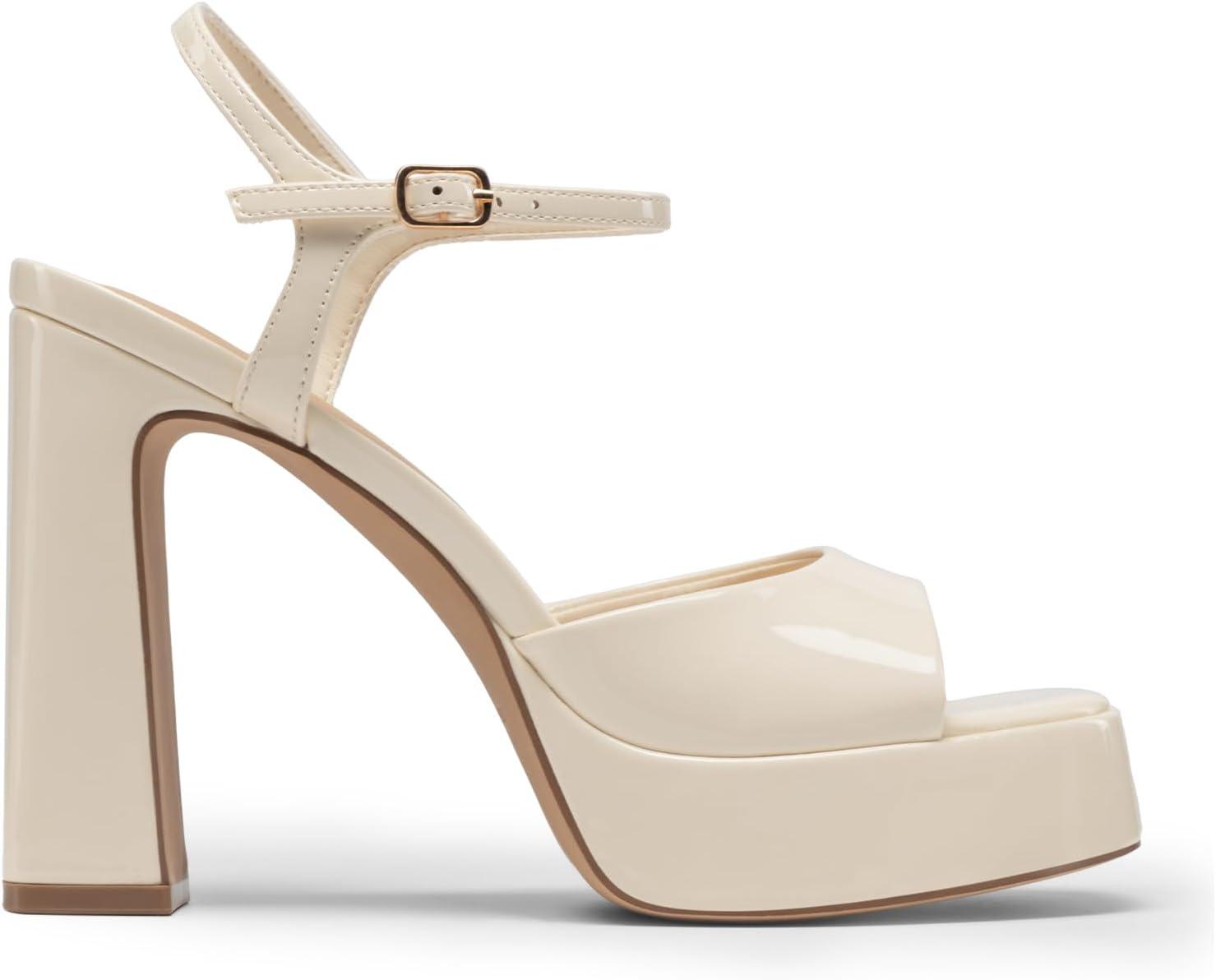 image:imageDREAM PAIRS Platform Heels for Women Square Toe Chunky High Heels Ankle Strap Sandals for Wedding Party Formal EventBeige