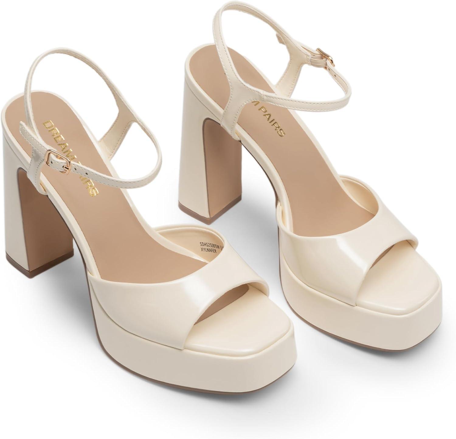 image:imageDREAM PAIRS Platform Heels for Women Square Toe Chunky High Heels Ankle Strap Sandals for Wedding Party Formal EventBeige