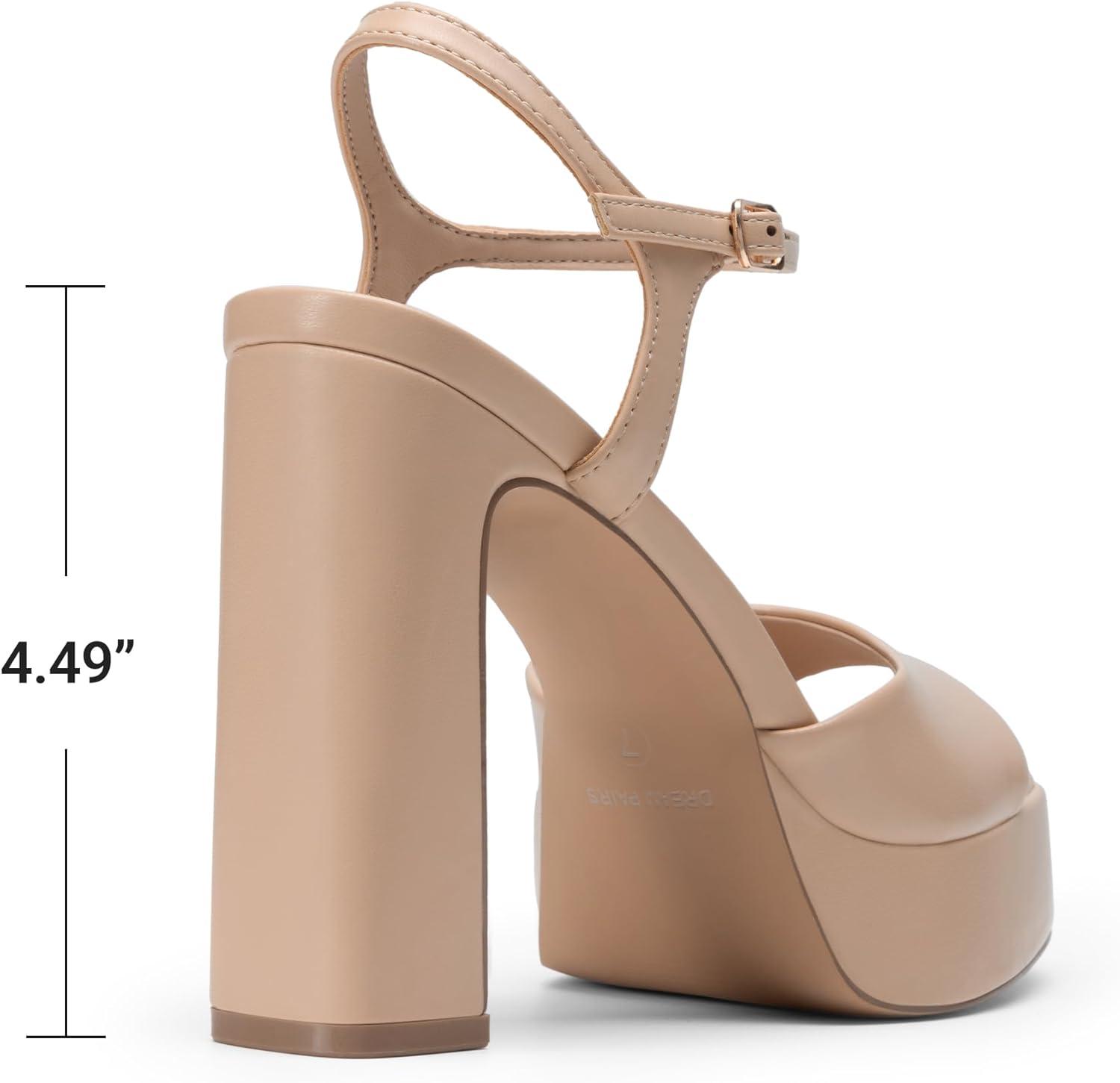 image:imageDREAM PAIRS Platform Heels for Women Square Toe Chunky High Heels Ankle Strap Sandals for Wedding Party Formal EventNude