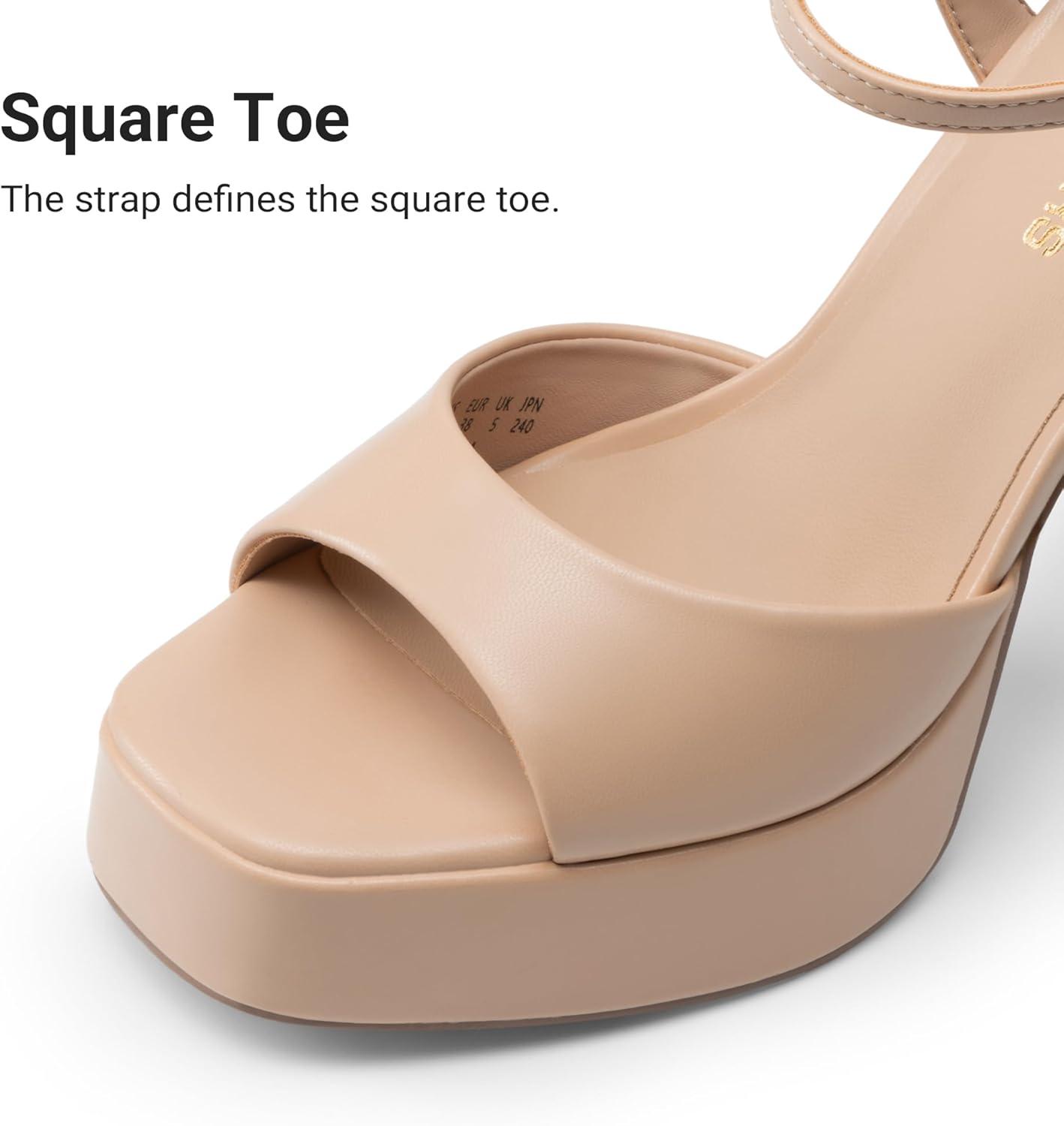 image:imageDREAM PAIRS Platform Heels for Women Square Toe Chunky High Heels Ankle Strap Sandals for Wedding Party Formal EventNude