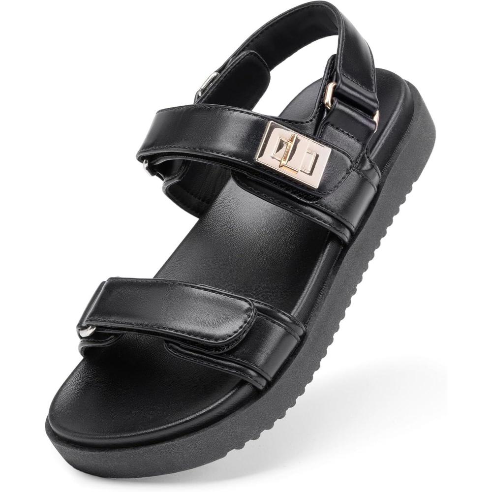 image:imageDREAM PAIRS Girls Sandals Casual Open Toe Two Adjustable Strapped Sandals with Hook and Loop for Little KidBig KidBlack