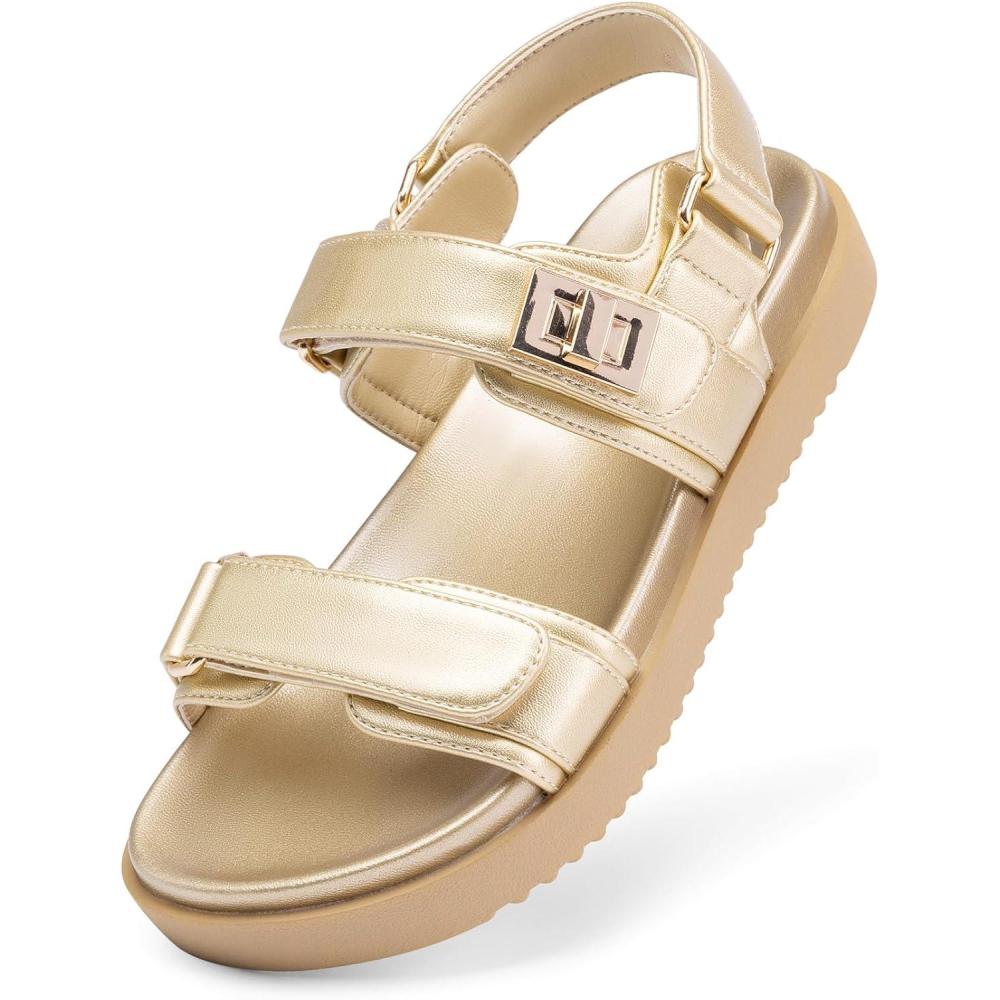 image:imageDREAM PAIRS Girls Sandals Casual Open Toe Two Adjustable Strapped Sandals with Hook and Loop for Little KidBig KidGold