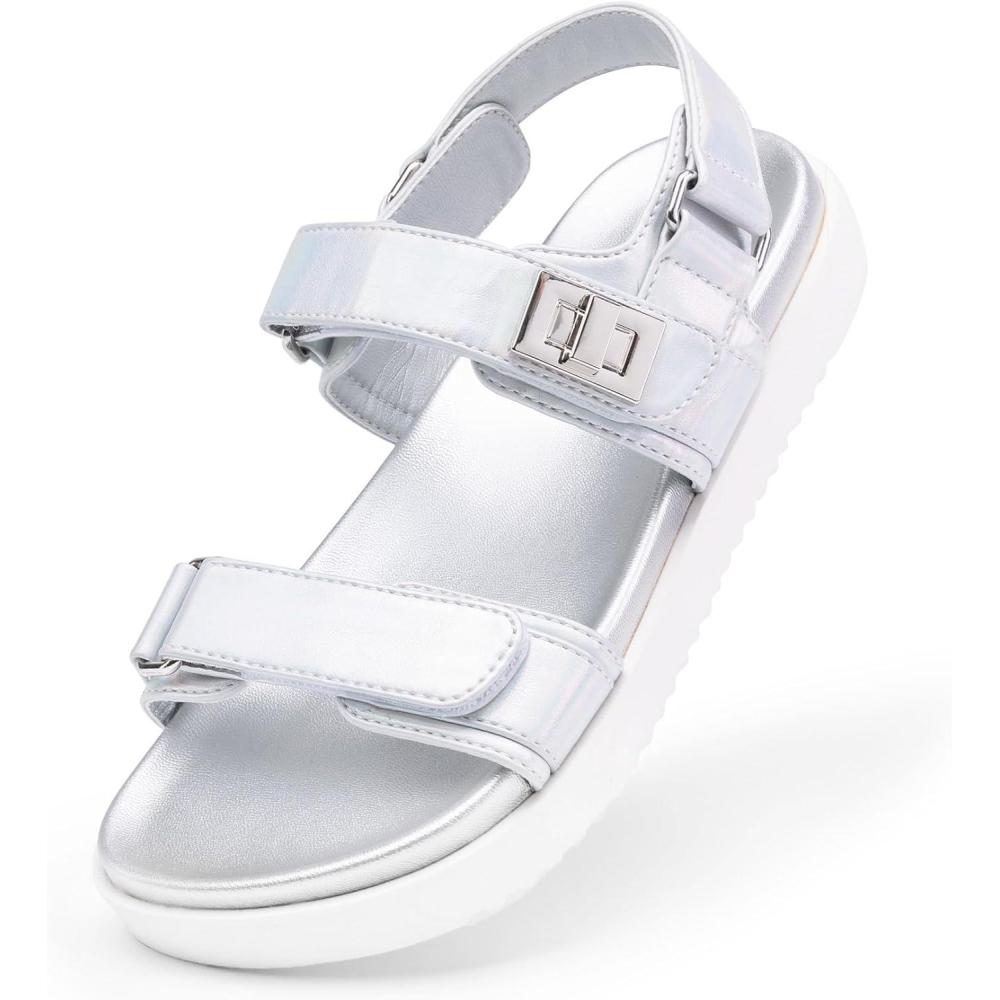 image:imageDREAM PAIRS Girls Sandals Casual Open Toe Two Adjustable Strapped Sandals with Hook and Loop for Little KidBig KidSliver