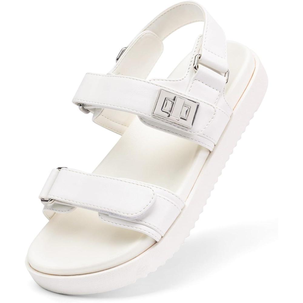 image:imageDREAM PAIRS Girls Sandals Casual Open Toe Two Adjustable Strapped Sandals with Hook and Loop for Little KidBig KidWhite