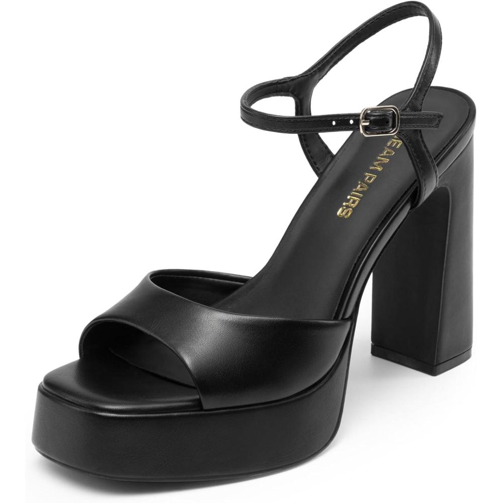 image:imageDREAM PAIRS Platform Heels for Women Square Toe Chunky High Heels Ankle Strap Sandals for Wedding Party Formal EventBlack