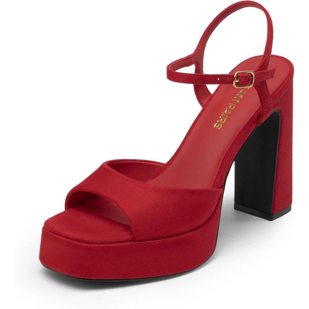 image:imageDREAM PAIRS Platform Heels for Women Square Toe Chunky High Heels Ankle Strap Sandals for Wedding Party Formal EventRed