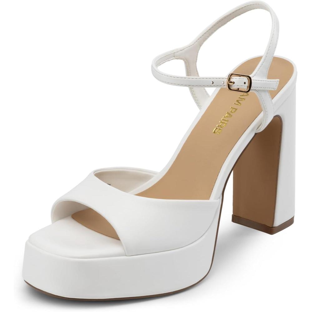 image:imageDREAM PAIRS Platform Heels for Women Square Toe Chunky High Heels Ankle Strap Sandals for Wedding Party Formal EventWhite