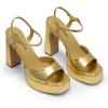 DREAM PAIRS Platform Heels for Women, Square Toe Chunky High Heels Ankle Strap Sandals for Wedding Party Formal Event(Gold)