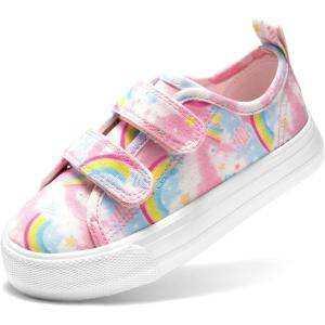 DREAM PAIRS Kids Toddler Sneakers Boys Girls Canvas with Cartoon Dual Hook and Loops for School Walking(Rainbow)
