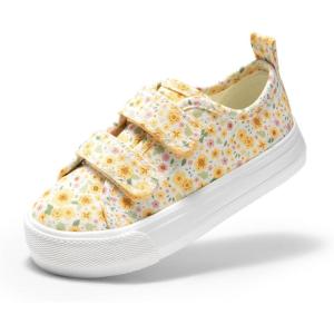 DREAM PAIRS Kids Toddler Sneakers Boys Girls Canvas with Cartoon Dual Hook and Loops for School Walking(Yellow/Flower)
