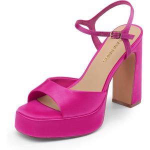 DREAM PAIRS Platform Heels for Women, Square Toe Chunky High Heels Ankle Strap Sandals for Wedding Party Formal Event(Hot Pink)