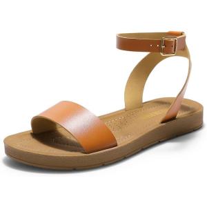 DREAM PAIRS Women’s One Band Ankle Strap Buckle Flat Sandals(Tan/Pu)