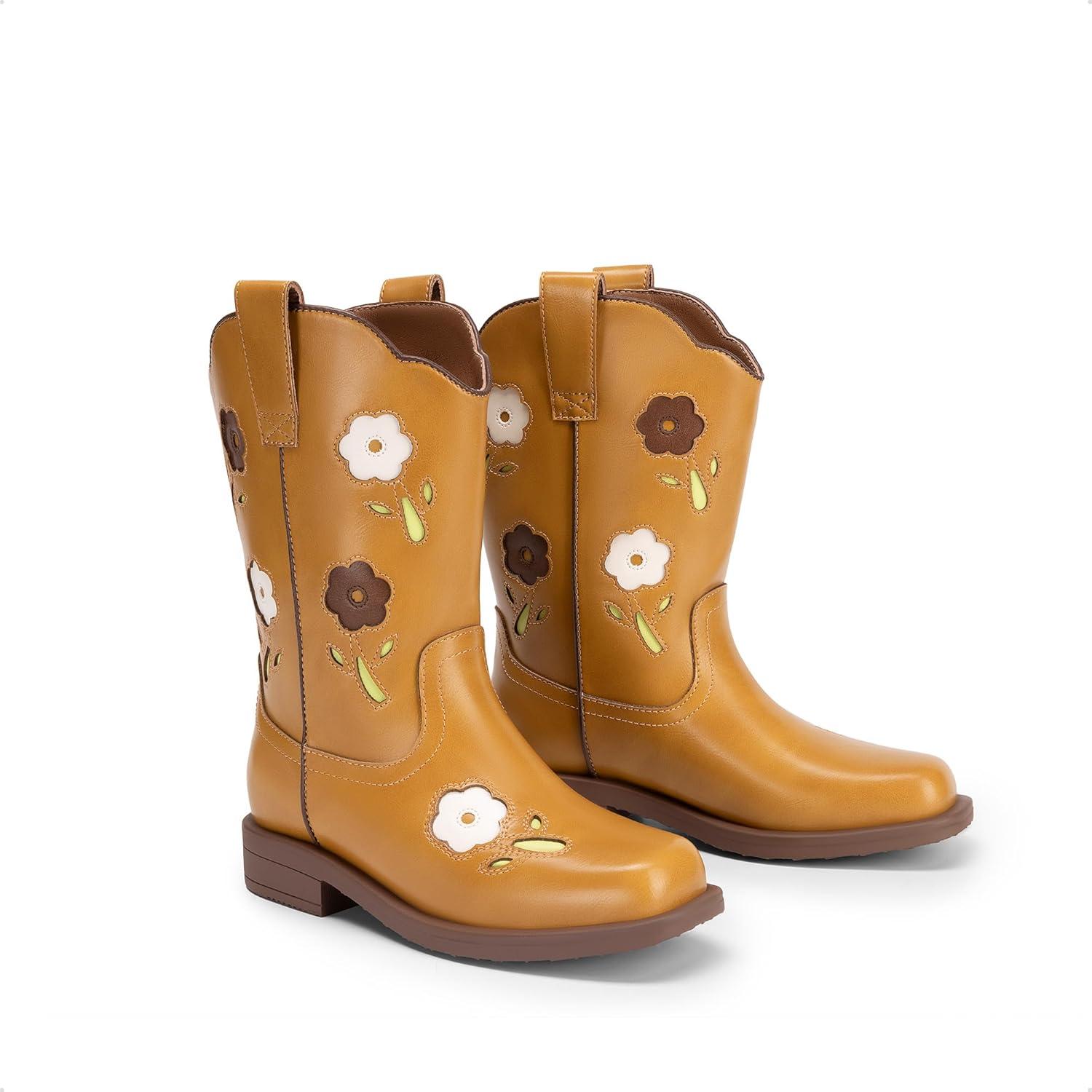 image:imageDREAM PAIRS Girls Cowboy Cowgirl Boots Floral Embroidered Western Square Toe Mid Calf Toddler Little Big Kid for Birthday Party ConcertCamel