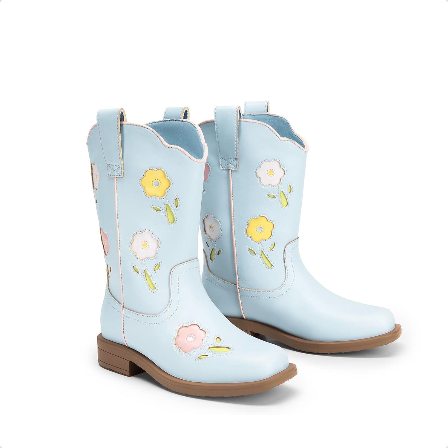image:imageDREAM PAIRS Girls Cowboy Cowgirl Boots Floral Embroidered Western Square Toe Mid Calf Toddler Little Big Kid for Birthday Party ConcertLight Blue