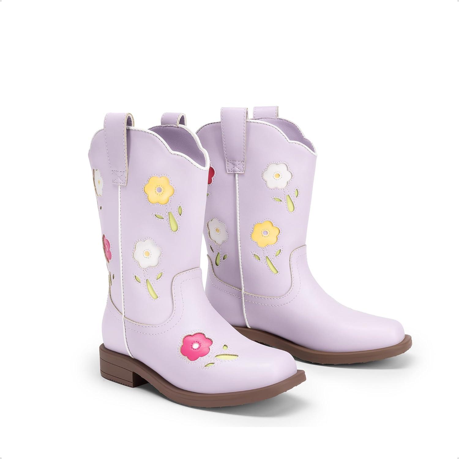 image:imageDREAM PAIRS Girls Cowboy Cowgirl Boots Floral Embroidered Western Square Toe Mid Calf Toddler Little Big Kid for Birthday Party ConcertLight Purple