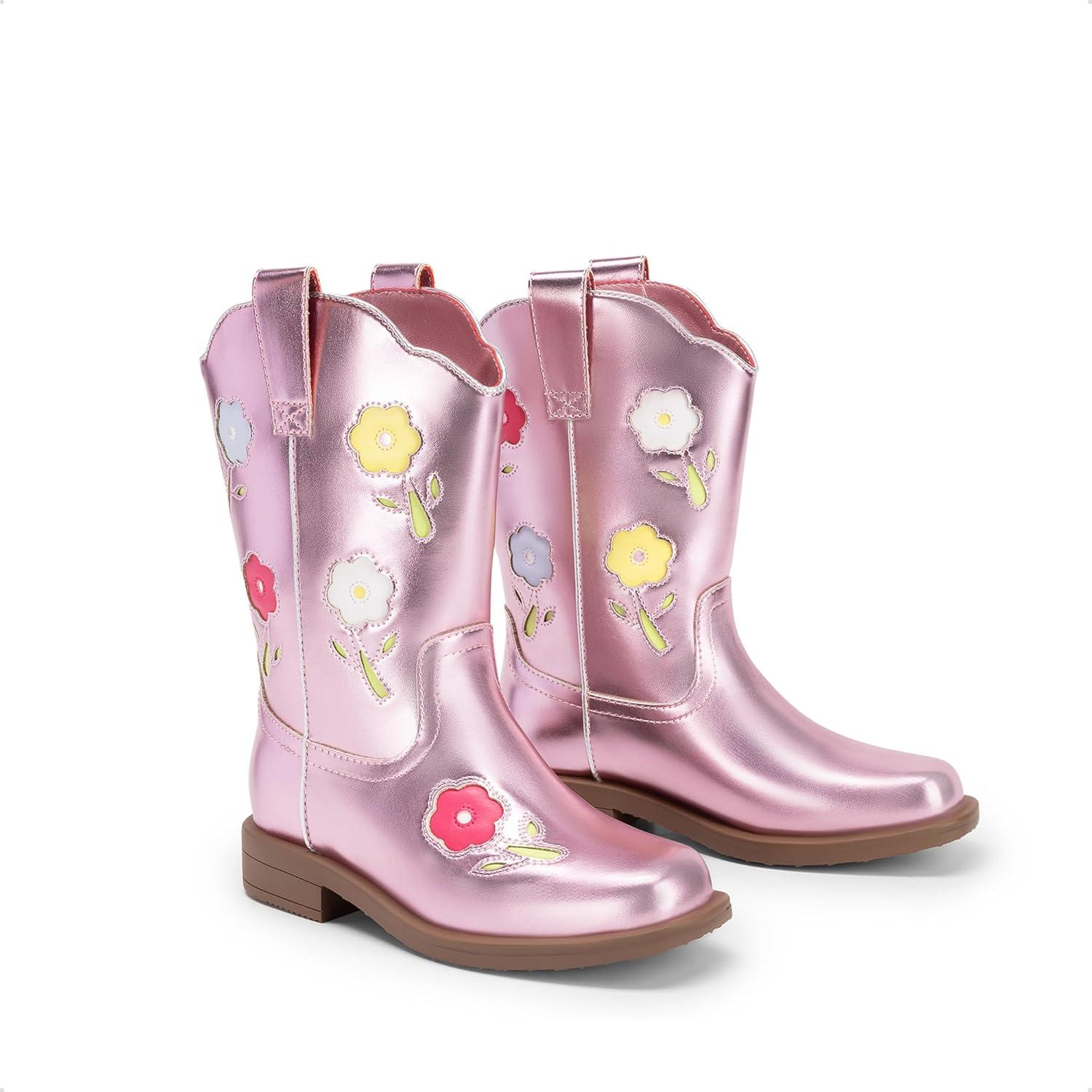 image:imageDREAM PAIRS Girls Cowboy Cowgirl Boots Floral Embroidered Western Square Toe Mid Calf Toddler Little Big Kid for Birthday Party ConcertPink