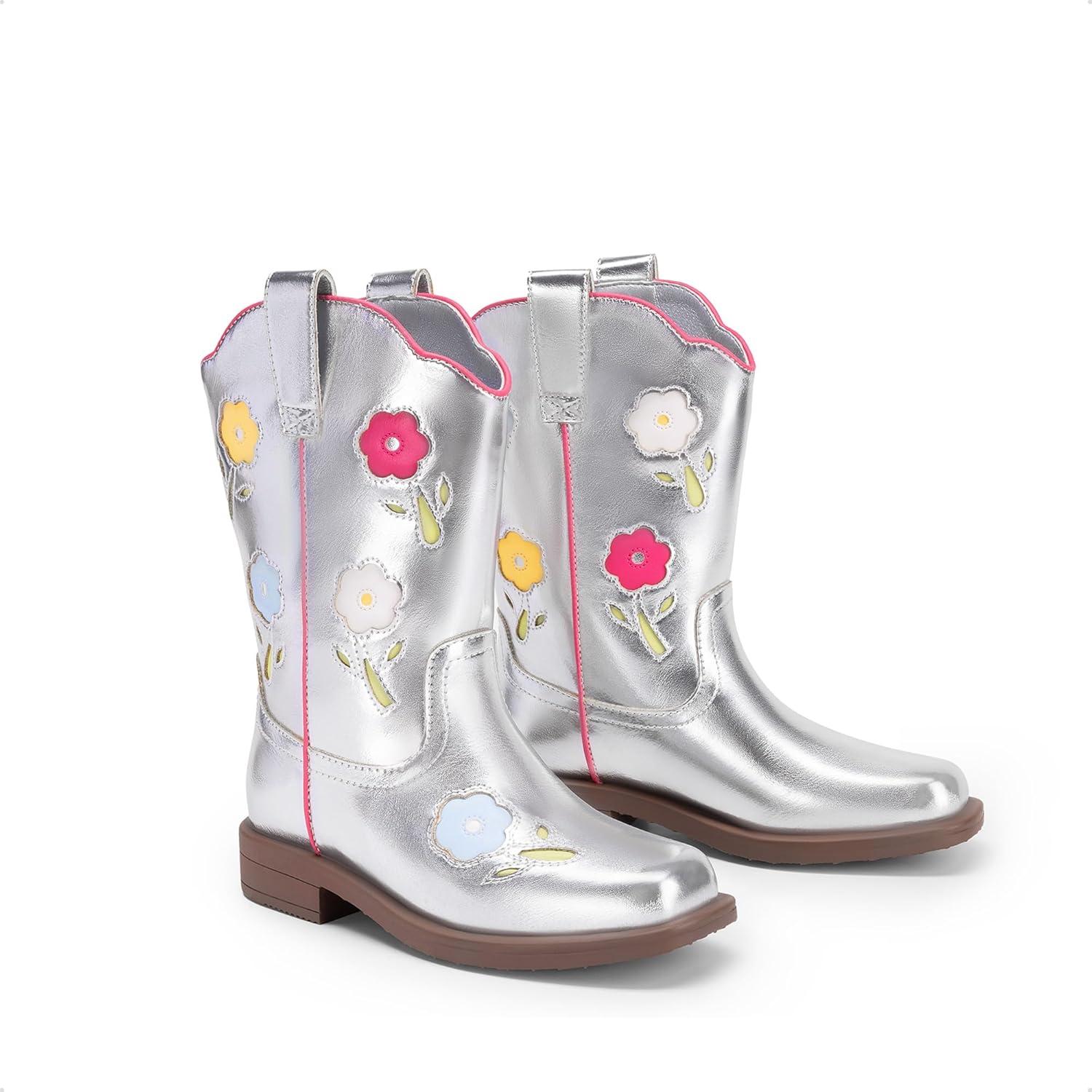 image:imageDREAM PAIRS Girls Cowboy Cowgirl Boots Floral Embroidered Western Square Toe Mid Calf Toddler Little Big Kid for Birthday Party ConcertSilver