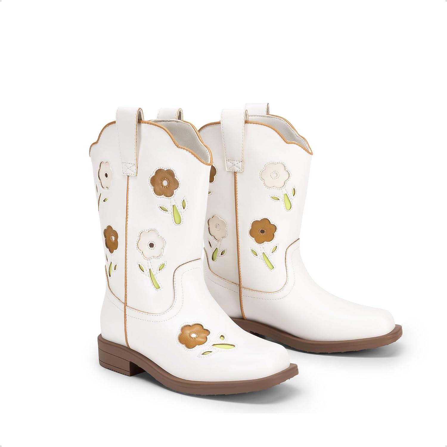 image:imageDREAM PAIRS Girls Cowboy Cowgirl Boots Floral Embroidered Western Square Toe Mid Calf Toddler Little Big Kid for Birthday Party ConcertWhite