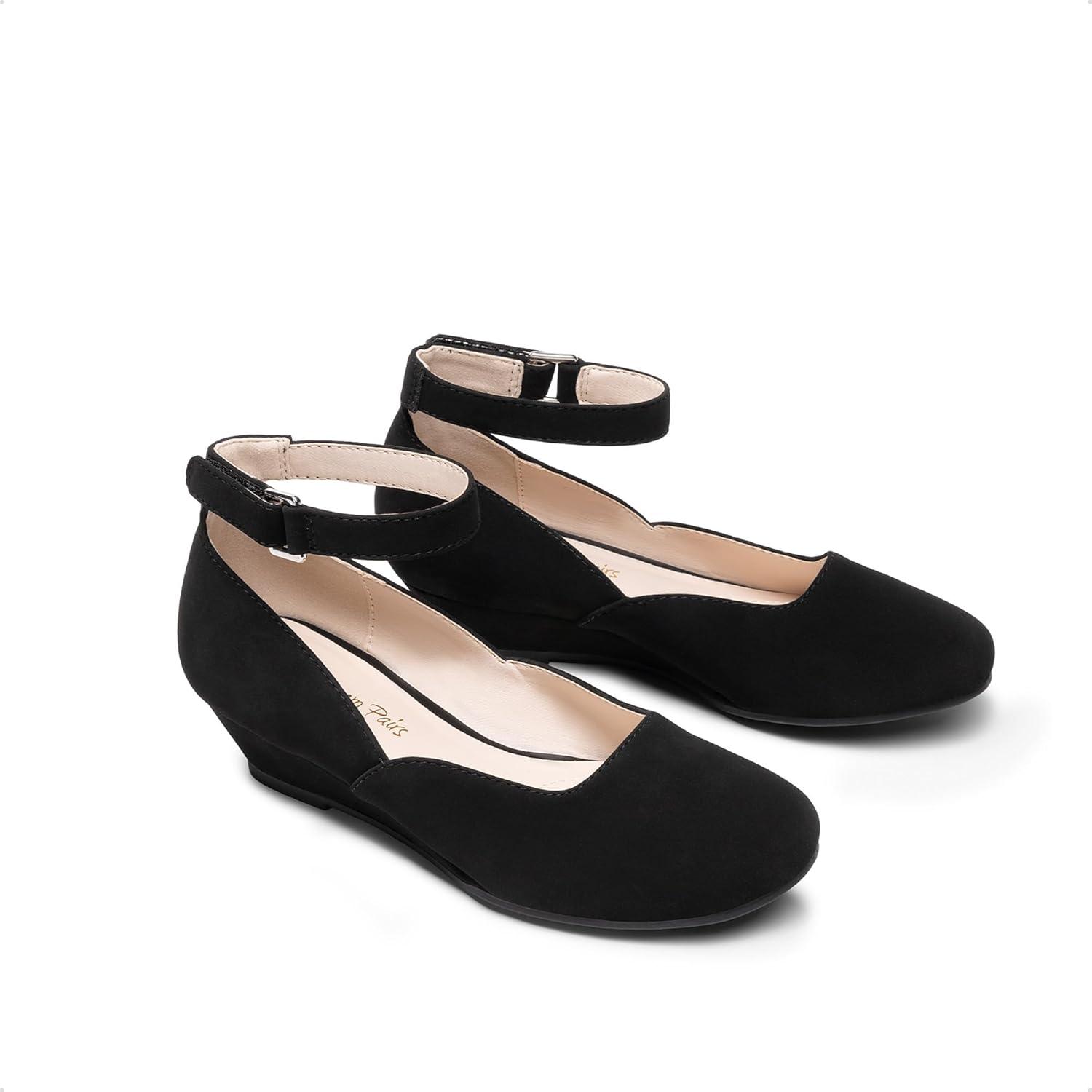 image:imageDREAM PAIRS Girls Dress Shoes Low Wedge Heels Ankle Strap Wedding Flower Party Pump for Toddler Little Big KidBlack