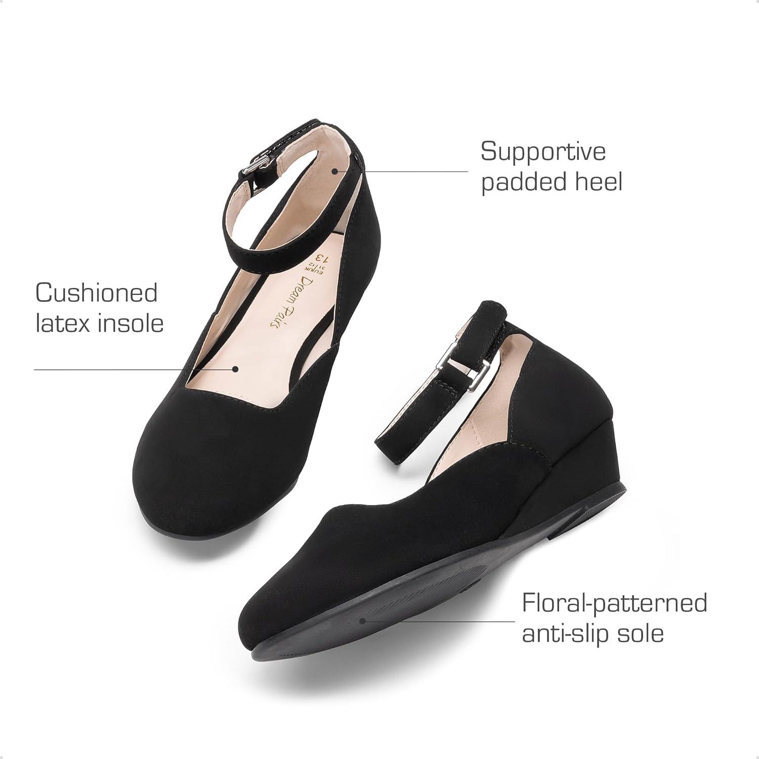 image:imageDREAM PAIRS Girls Dress Shoes Low Wedge Heels Ankle Strap Wedding Flower Party Pump for Toddler Little Big KidBlack