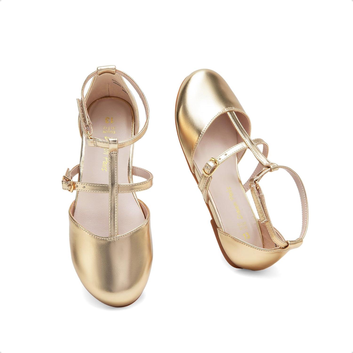 image:imageDREAM PAIRS Girls Dress Shoes Mary Jane Flats for Little Girls Party Shoes with T StrapGold