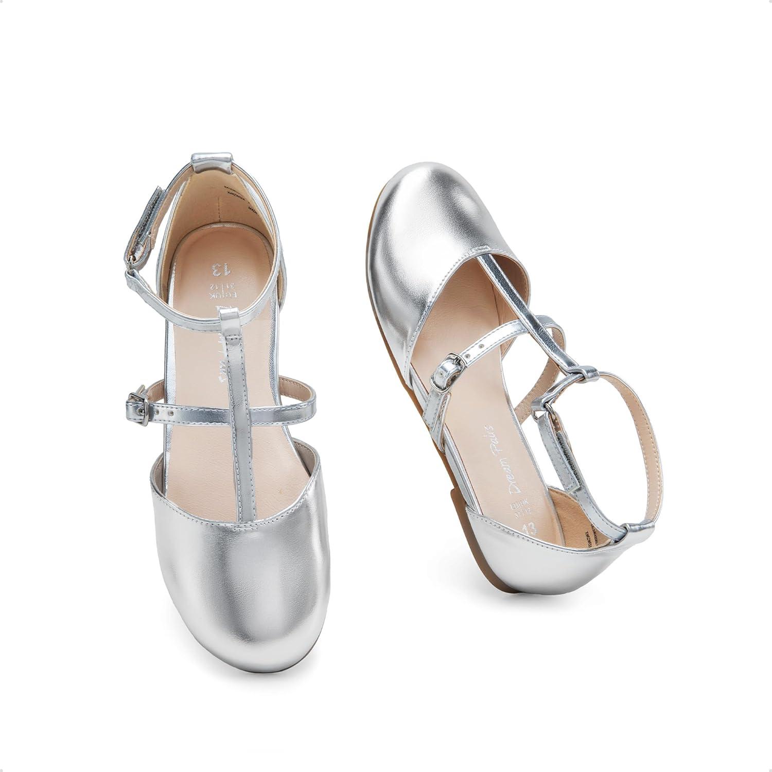 image:imageDREAM PAIRS Girls Dress Shoes Mary Jane Flats for Little Girls Party Shoes with T StrapSilver