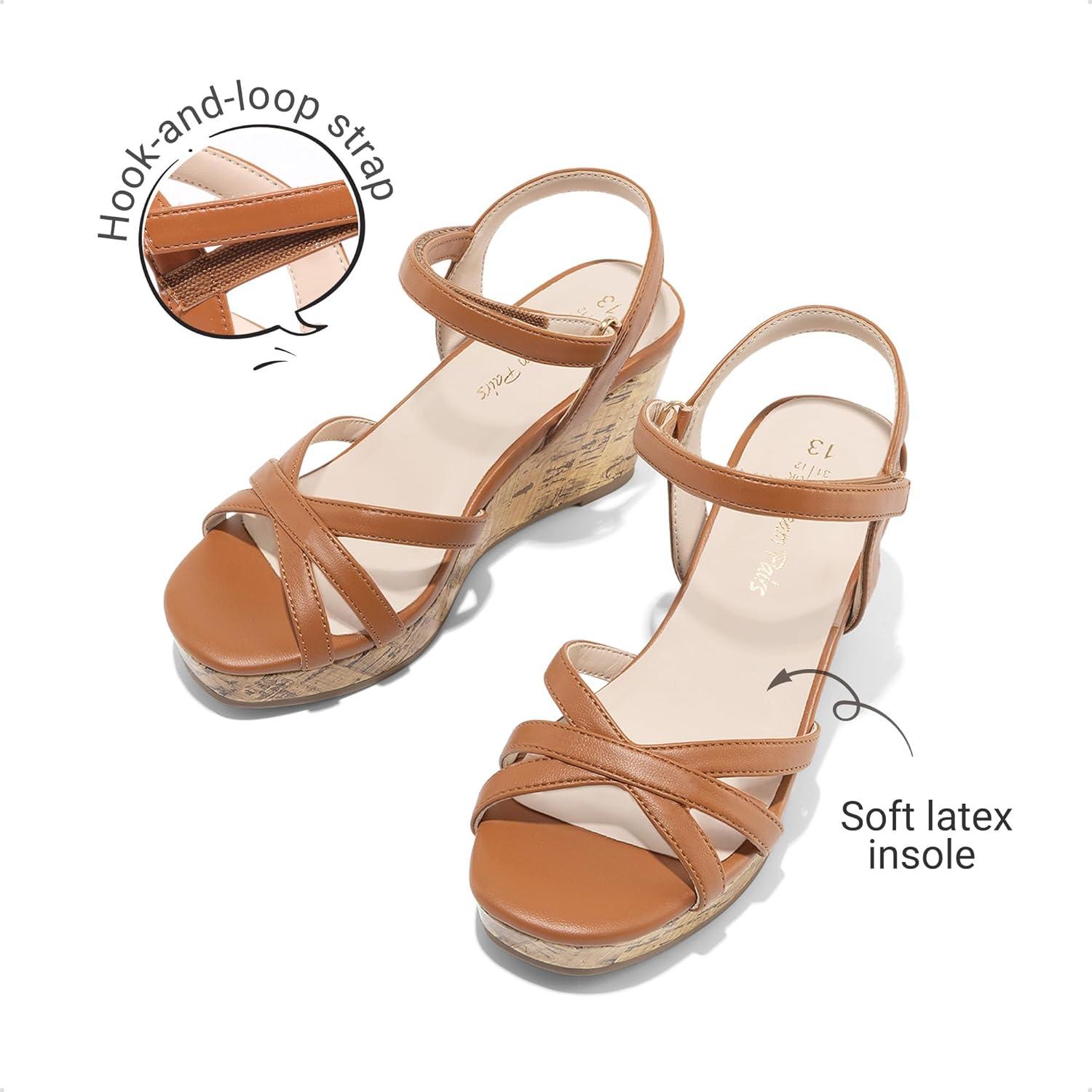 image:imageDREAM PAIRS Girls Wedge Sandals Flatform Open Toe Summer Platform Sandals Flower Wedding Party for Little KidBig KidAll Brown