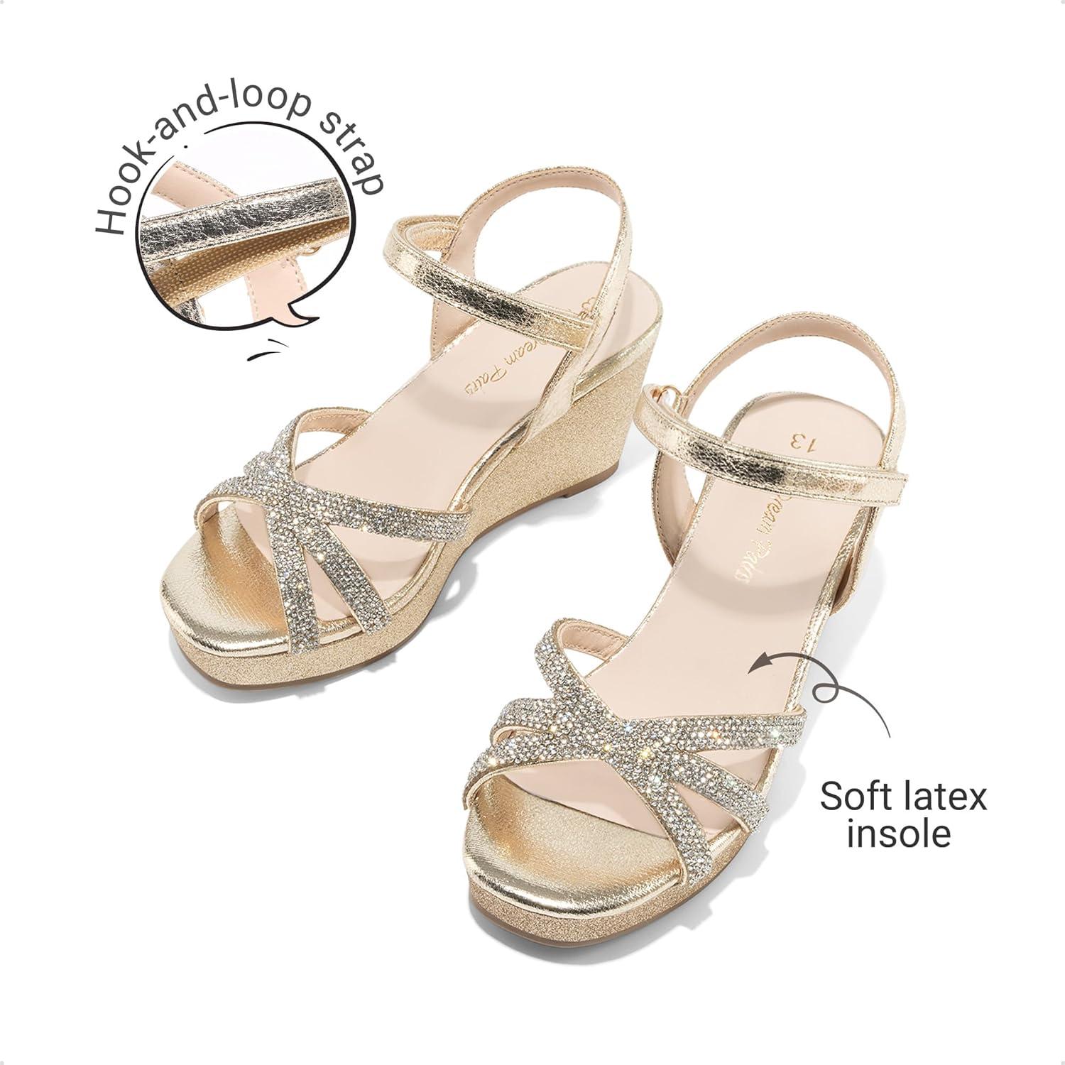 image:imageDREAM PAIRS Girls Wedge Sandals Flatform Open Toe Summer Platform Sandals Flower Wedding Party for Little KidBig KidAll Gold