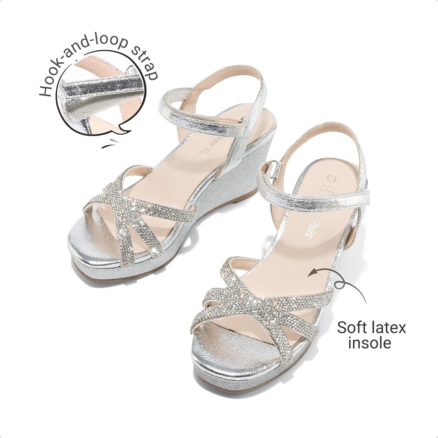 image:imageDREAM PAIRS Girls Wedge Sandals Flatform Open Toe Summer Platform Sandals Flower Wedding Party for Little KidBig KidAll Silver