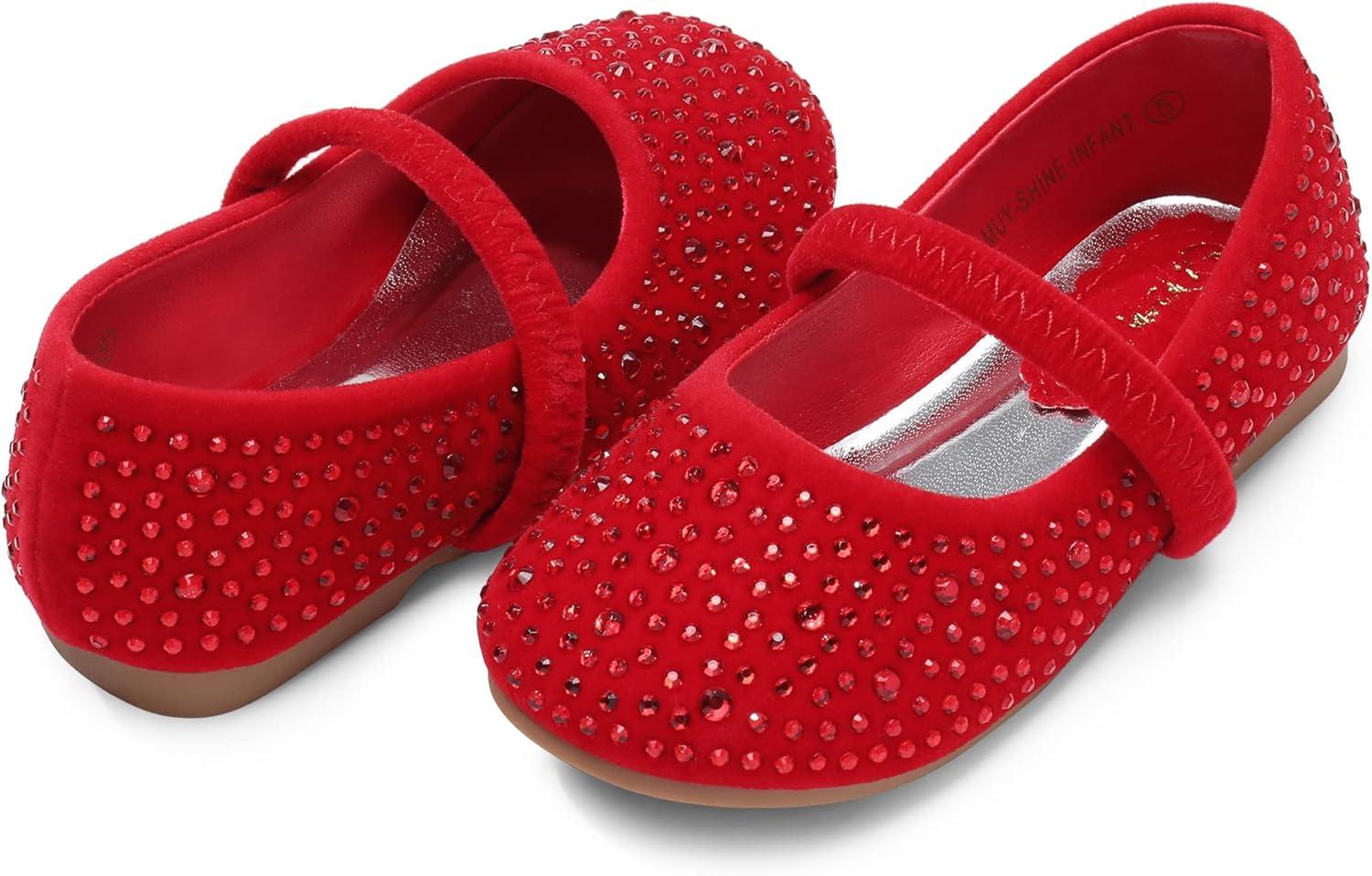 image:imageDREAM PAIRS Toddler Girls Dress Shoes Mary Jane Ballet Flats Flower Girl Shoes with Rhinestone Slipon Toddler Mary Jane FlatsRedSuede
