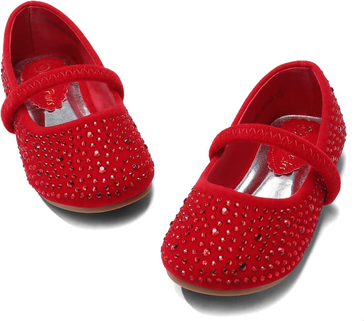 image:imageDREAM PAIRS Toddler Girls Dress Shoes Mary Jane Ballet Flats Flower Girl Shoes with Rhinestone Slipon Toddler Mary Jane FlatsRedSuede