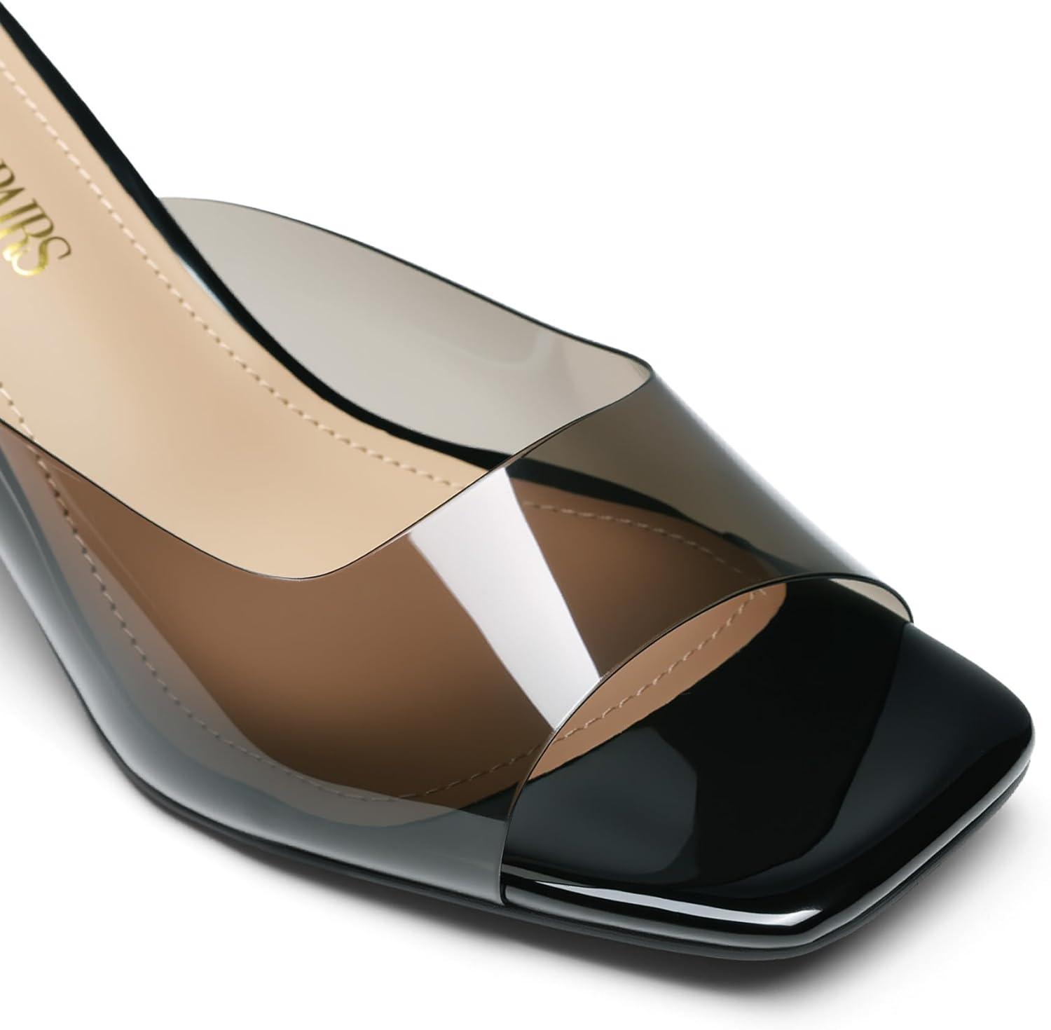 image:imageDREAM PAIRS Womens Clear Heeled Sandals Square Toe Transparent Stiletto Mules Slip on Wedding Dress ShoesAll Blackclear