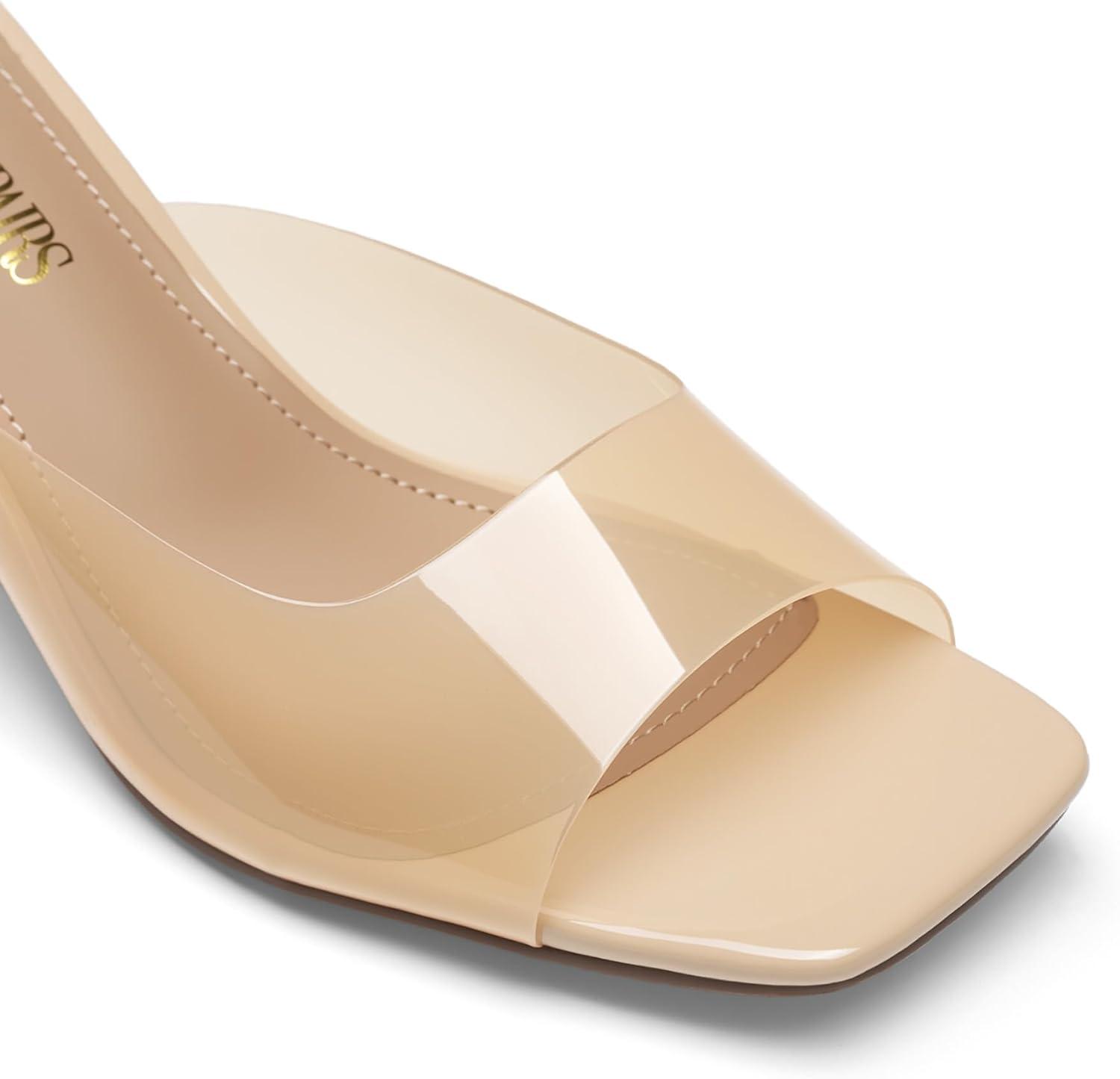 image:imageDREAM PAIRS Womens Clear Heeled Sandals Square Toe Transparent Stiletto Mules Slip on Wedding Dress ShoesAll Nudeclear