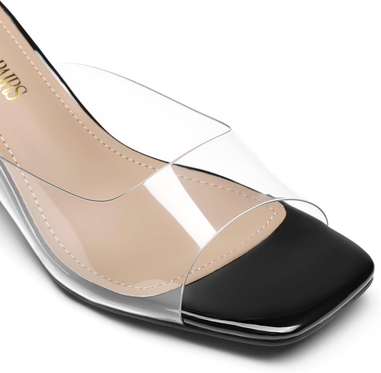 image:imageDREAM PAIRS Womens Clear Heeled Sandals Square Toe Transparent Stiletto Mules Slip on Wedding Dress ShoesBlackClear