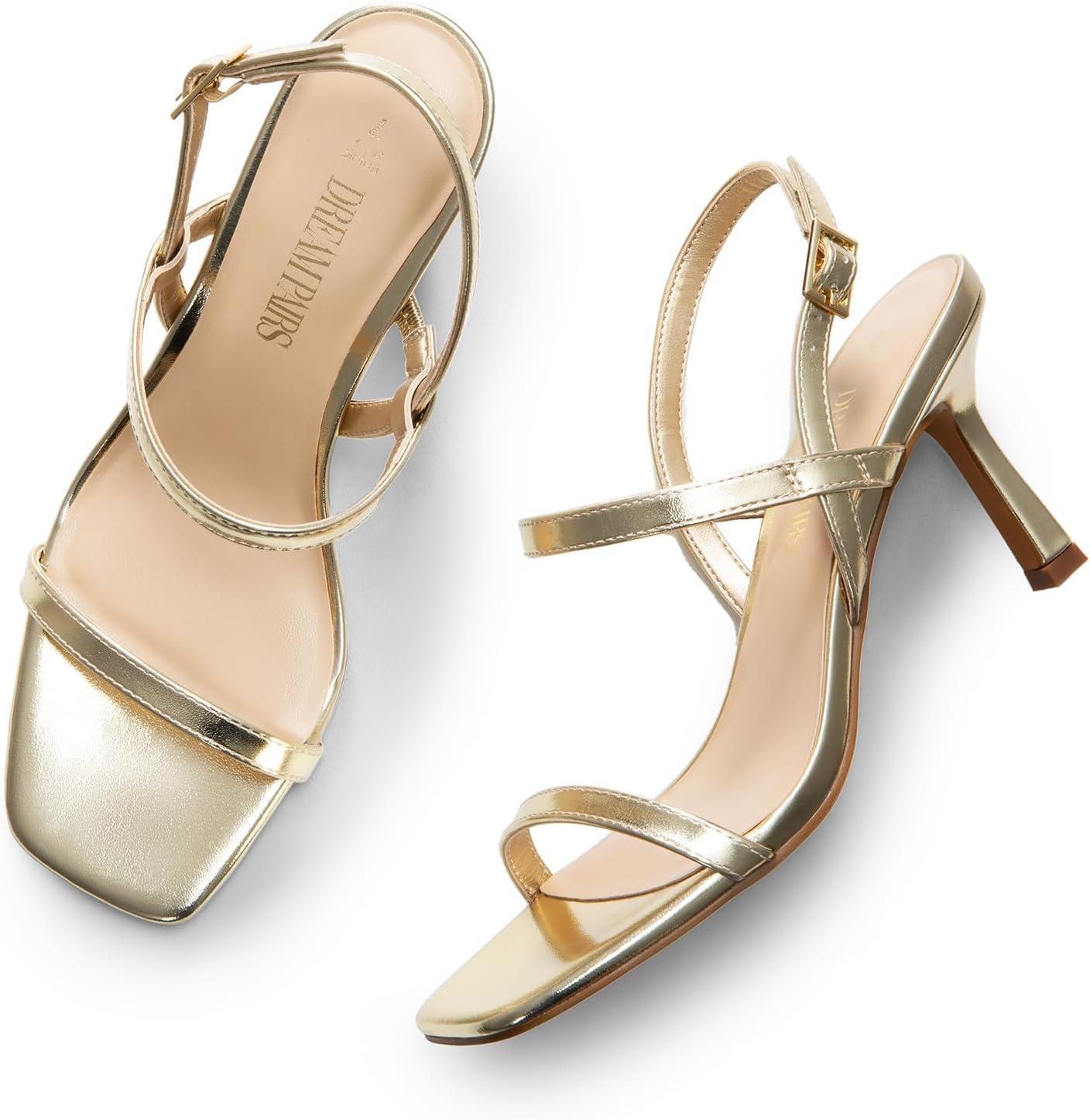 image:imageDREAM PAIRS Womens Slingback Heels Square Open Toe Strappy Sandals Ankle Strap High Heeled Dressy ShoesGold