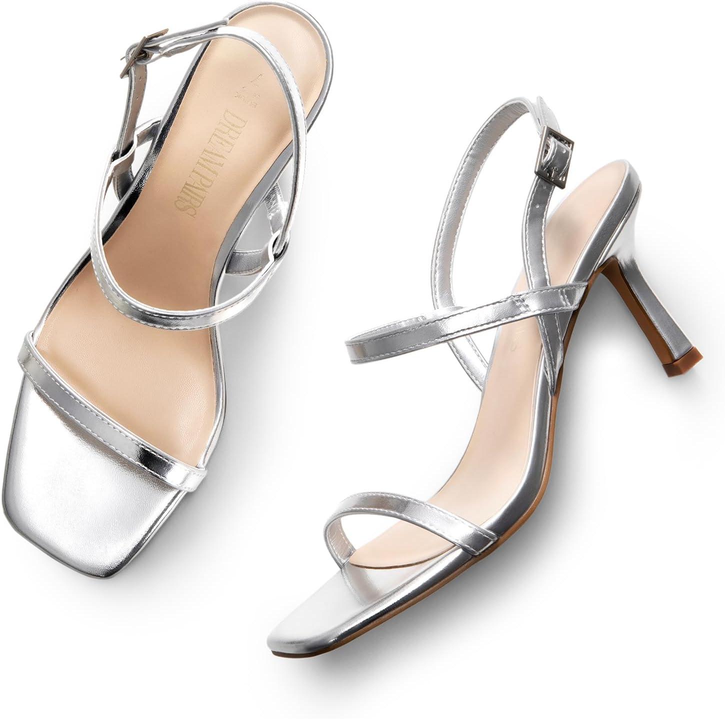 image:imageDREAM PAIRS Womens Slingback Heels Square Open Toe Strappy Sandals Ankle Strap High Heeled Dressy ShoesSilver