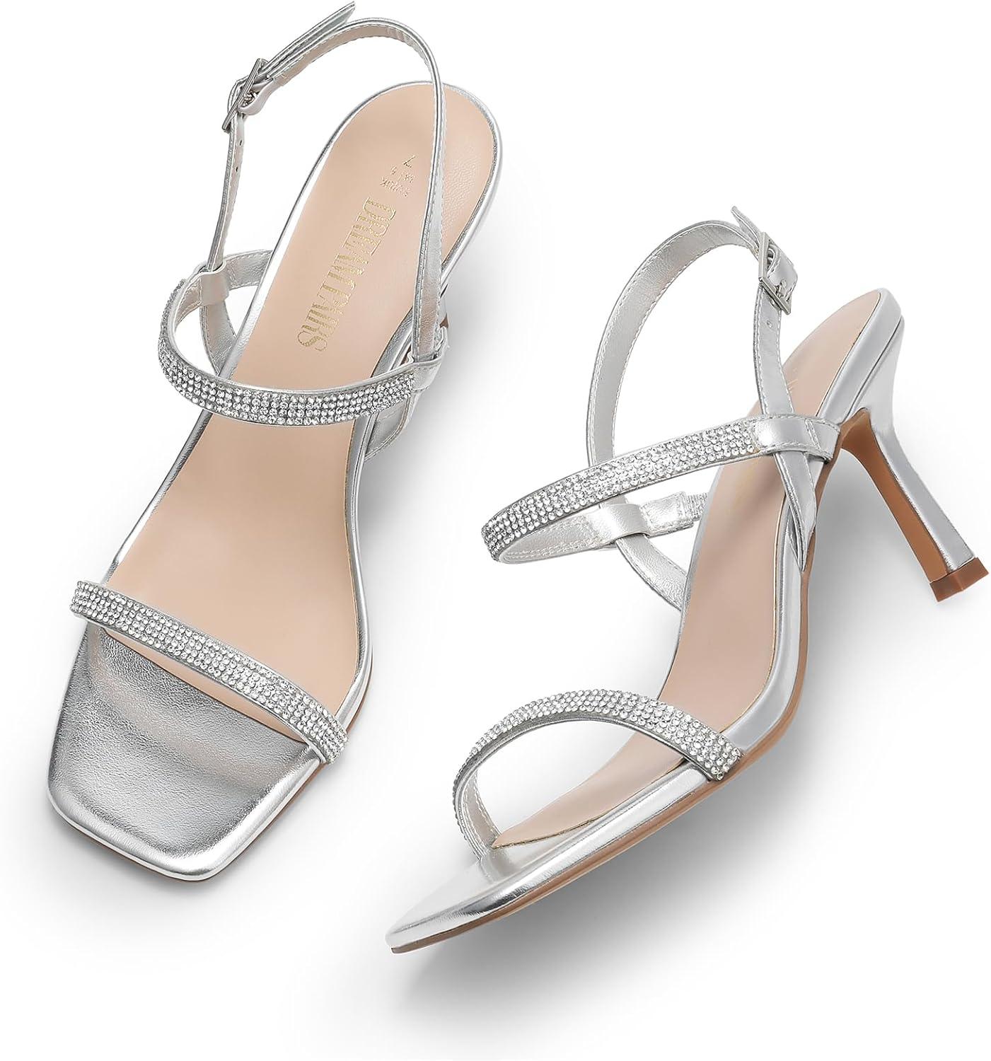 image:imageDREAM PAIRS Womens Slingback Heels Square Open Toe Strappy Sandals Ankle Strap High Heeled Dressy ShoesSilverrhinestone