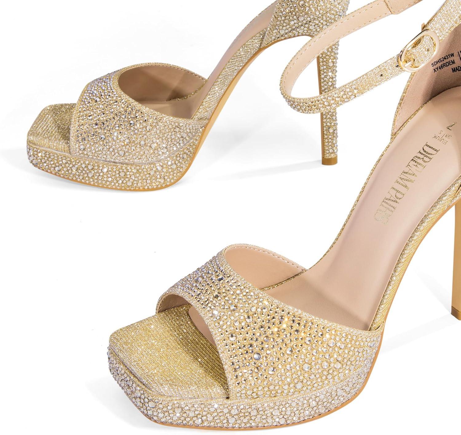 image:imageDREAM PAIRS Womens Stiletto High Heels Platform Ankle Strap Square Open Toe Dress Sexy SandalsGoldrhinestone