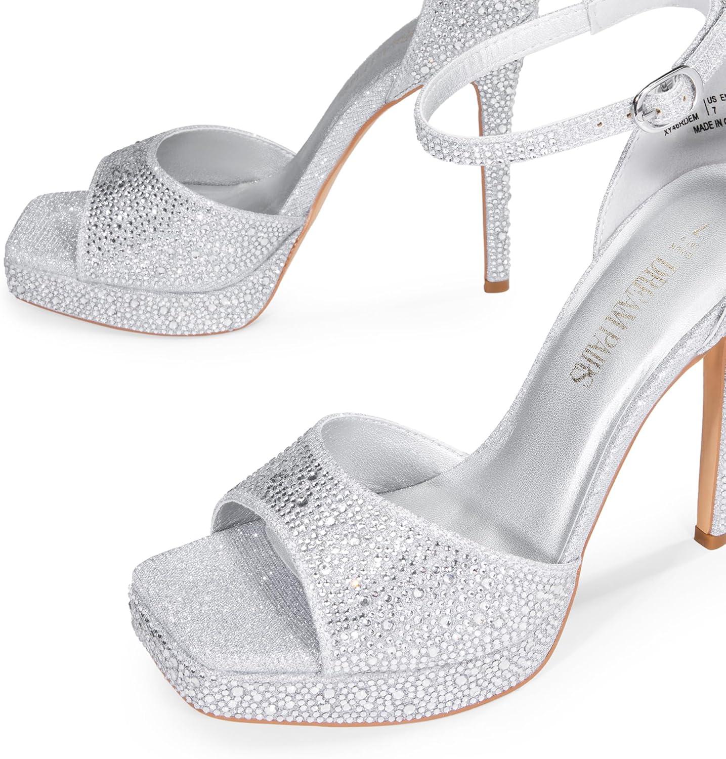 image:imageDREAM PAIRS Womens Stiletto High Heels Platform Ankle Strap Square Open Toe Dress Sexy SandalsSilverrhinestone