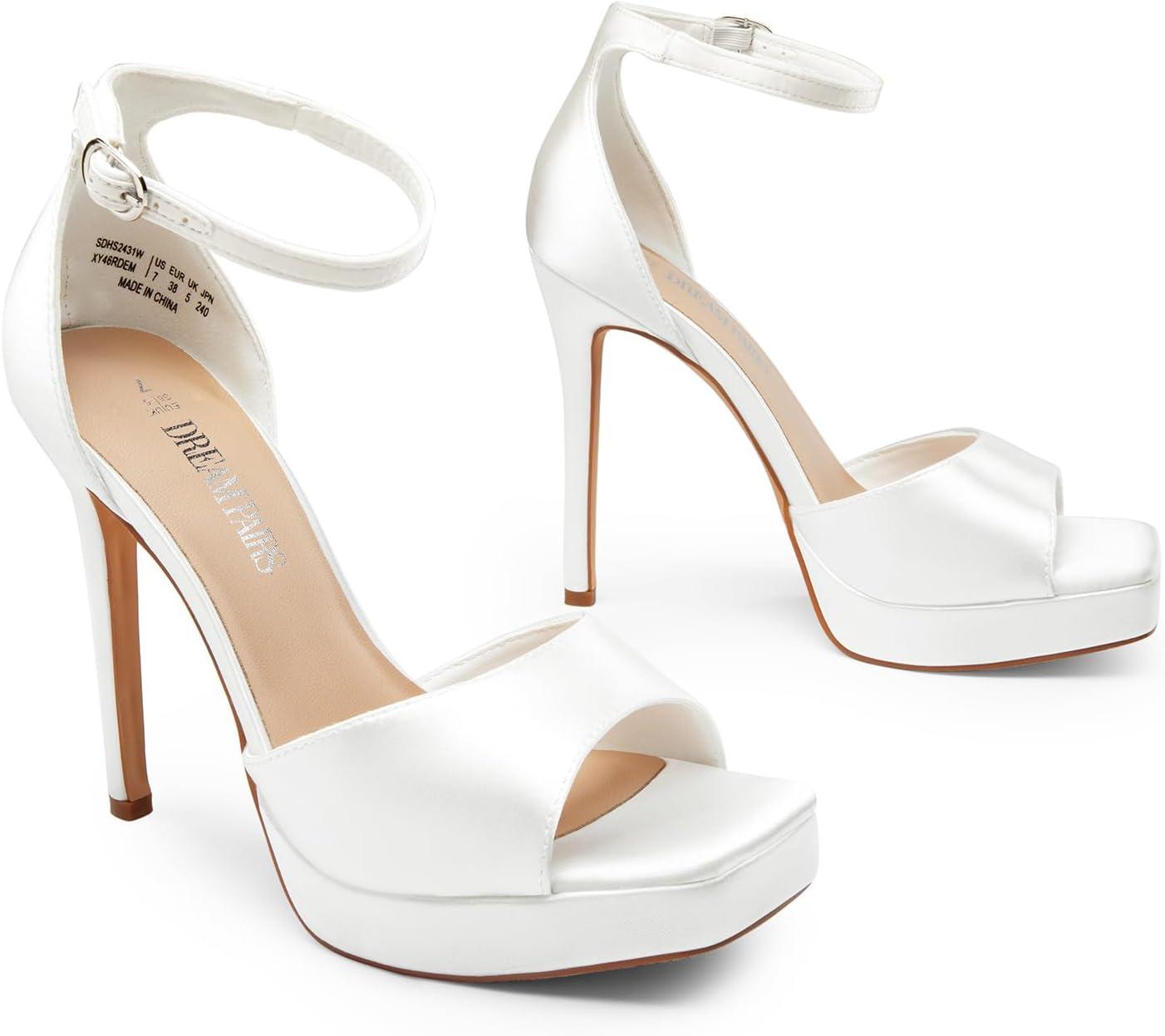 image:imageDREAM PAIRS Womens Stiletto High Heels Platform Ankle Strap Square Open Toe Dress Sexy SandalsWhitesatin